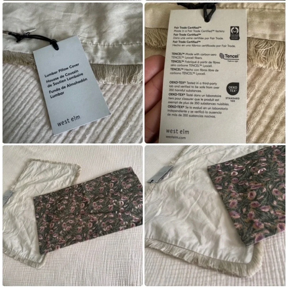 West Elm Lumbar Pillow Cover 2pc Set 12x21 Beige Fringe Green Floral NWT NWOT